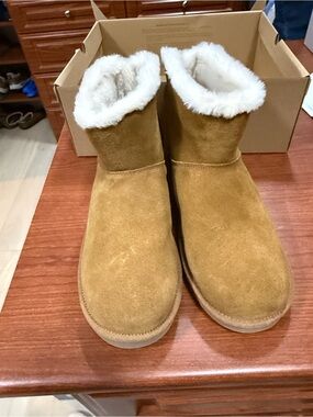 Koolaburra Tan Suede Shearling-Lined Ankle Booties